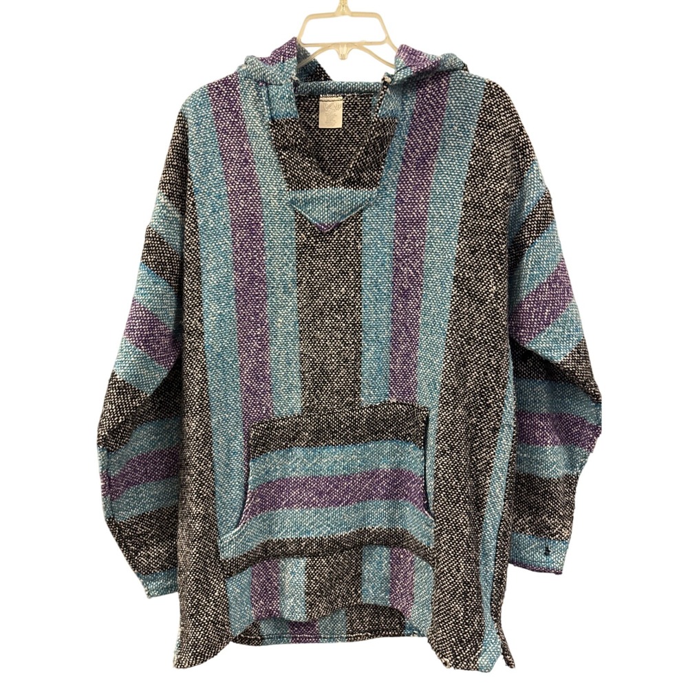 Drug Rug Baja Hoodie Striped Pullover Poncho‎ Surf Hippie Festival Sweater XL
